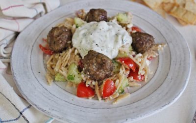 Greek Orzo Pasta Salad with Lamb Meatballs and Tzatziki