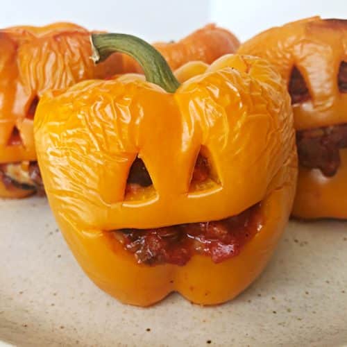 vegan stuffed pepper jack-o-lantern halloween