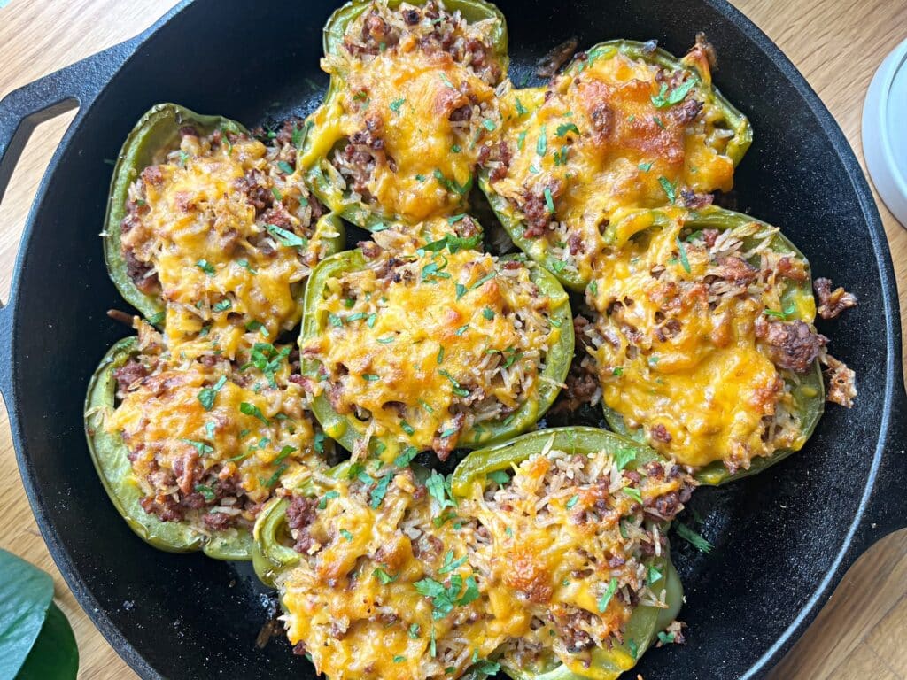 green stuffed bell peppers with beef and rice